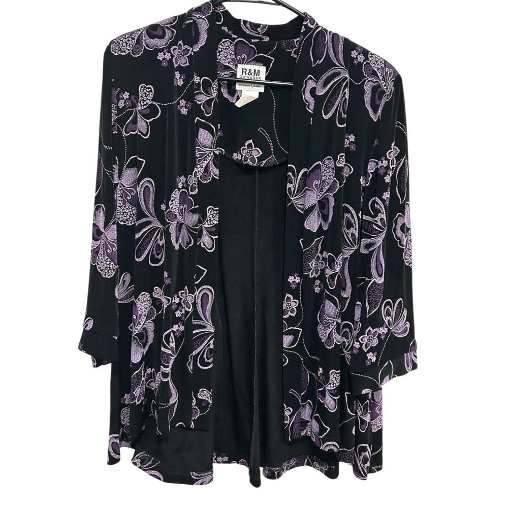 R&M Richards Black Purple Petite Floral Whimsigoth Fairycore Jacket Size 16WP